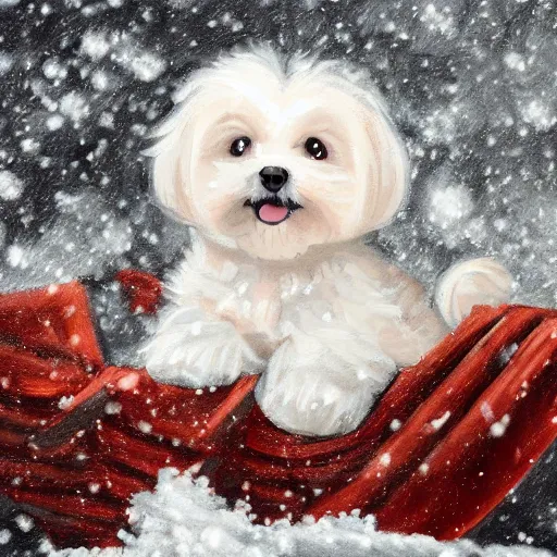 Prompt: cute fluffy maltese puppy sitting in snowy winter landscape detailed painting 4 k