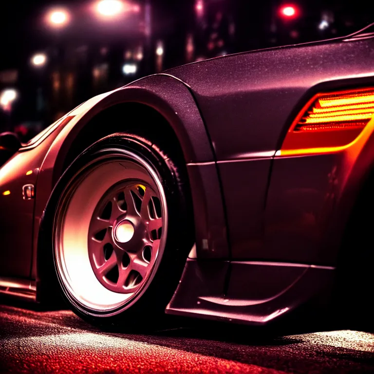 Image similar to close-up-photo Nissan Z32 turbo illegal roadside night meet, deep dish work-wheels, Shibuya Shibuya, cinematic color, photorealistic, highly detailed night photography