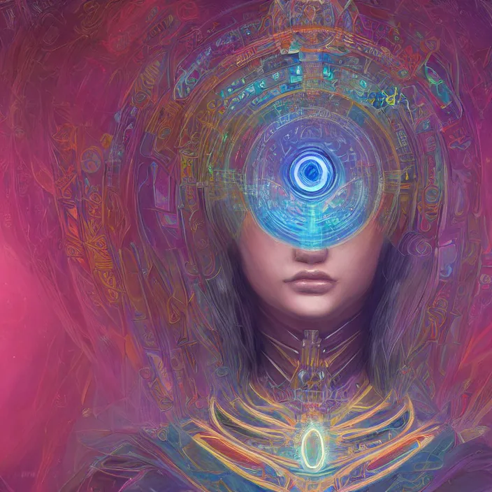 Image similar to portrait of a future metaverse ayahuasca tech shaman warrior, 2 d cartoon, visionary art, symmetric, magick symbols, holy halo, shipibo patterns, sci - fi, concept art, trending on art station, 8 k digital art, by mandy jurgens, fantasy portrait art, anime