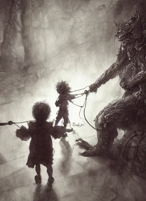 Image similar to portrait, A demon being led around on a leash by a toddler, tea party, watercolor, dramatic lighting, cinematic, establishing shot, extremely high detail, foto realistic, cinematic lighting, pen and ink, intricate line drawings, by Yoshitaka Amano, Ruan Jia, Kentaro Miura, Artgerm, post processed, concept art, artstation, matte painting, style by eddie mendoza, raphael lacoste, alex ross