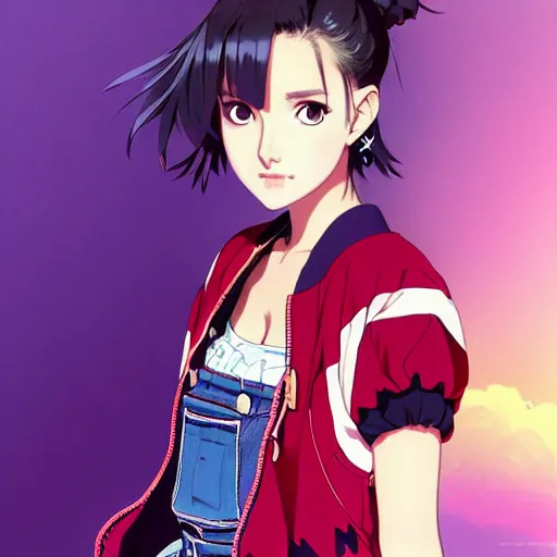 Image similar to a beautiful natalie portman as an anime boy gravure model, wearing oversized mayan bomber jacket and leotard with overalls, bulky poofy bomber jacket with mayan patterns, aztec street fashion, gapmoe yandere grimdark, trending on pixiv fanbox, painted by greg rutkowski makoto shinkai takashi takeuchi studio ghibli, akihiko yoshida