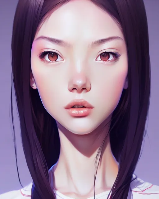 Image similar to full 1 2 0 mm face portrait of a beautiful slender kazakh girl, in tshirt, happy, by saruei and guweiz and ilya kuvshinov and grant morrison and range murata digital art, highly detailed intricate, sharp focus, trending on artstation hq deviantart pinterest, unreal engine 5, 4 k uhd image