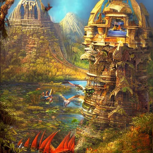 Prompt: soaring towers and bridges, mountains, under outer world jungles and lakes, art by Dmitry Dubinsky