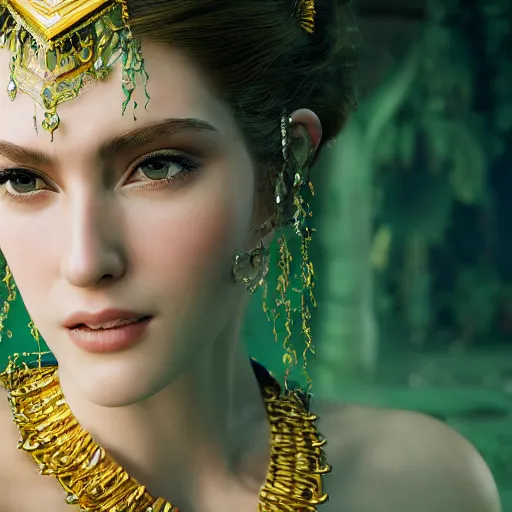 Image similar to photograph of wonderful princess with smooth fair skin, green jewelry, breathtaking, elegant, ornate, intricate, hyper detailed, accent lighting, dramatic light, 4 k octane render