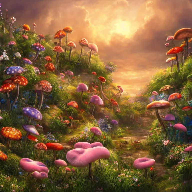 Image similar to a beautiful painting of every cloud has a silver lining, paradise, sunset, made from flowers and fungi, highly detailed, 8 k resolution, trending on artstation