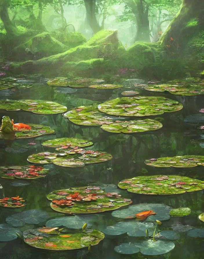 Image similar to frog on a lilypad in a koi fish pond in the forest, environment concept art, daytime ethereal anime, high detail Impressionist style, dreamy light color palette, style of studio ghibli and moebius, concept art stunning atmosphere, trending on artstation, volumetric light