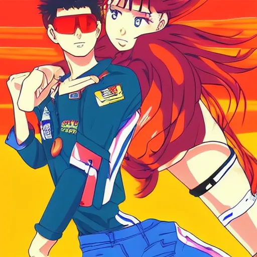 Prompt: top gun maverick playing volleyball against asuka langley, sprite, vaporwave nostalgia, directed by beat takeshi, visual novel cg, 8 0 s anime vibe, kimagure orange road, maison ikkoku, sketch by osamu tezuka, directed by makoto shinkai and beat takeshi