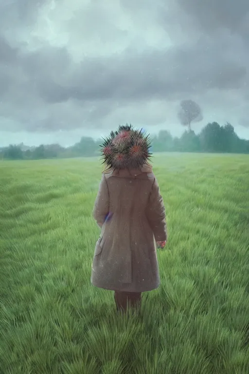 Prompt: portrait, large thistle flower head, a girl wearing coat in field, surreal photography, wind, cloudy sky, dramatic light, impressionist painting, digital painting, artstation, simon stalenhag