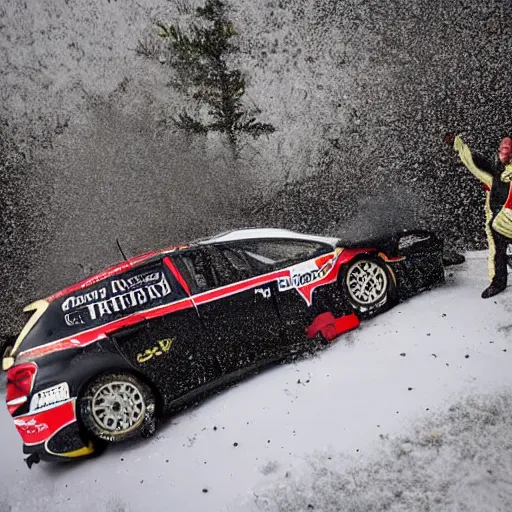 Image similar to Petter Solberg after he crashed into the christmas tree