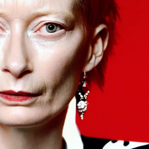 Image similar to close up portrait of tilda swinton wearing a red blazer and ruby earrings, vivid eyes, photorealistic