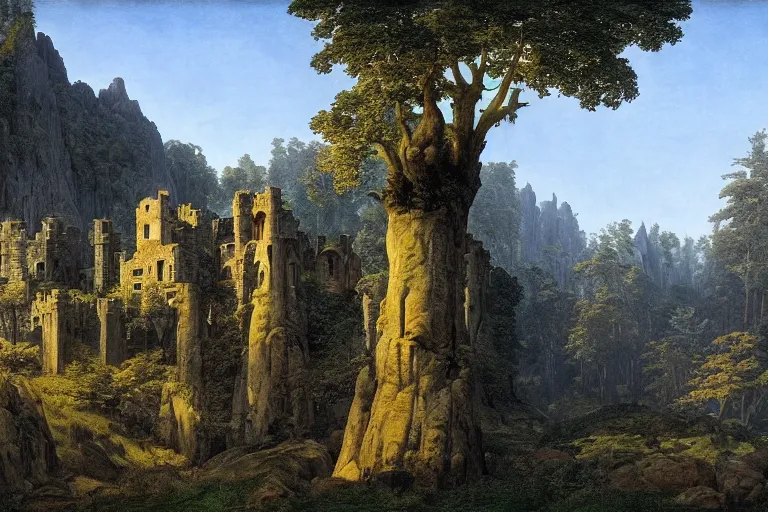 Prompt: stone fortress in the forest | exotic landscape | dwarven architecture | volumetric lighting | blue skies | golden hour | hyperdetailed | Caspar David Friedrich |