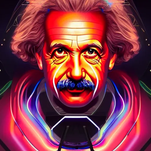 Image similar to symmetry!! portrait of albert einstein, sci - fi, tech wear, glowing lights!! intricate, elegant, highly detailed, digital painting, artstation, concept art, smooth, sharp focus, illustration, art by artgerm and greg rutkowski and alphonse mucha