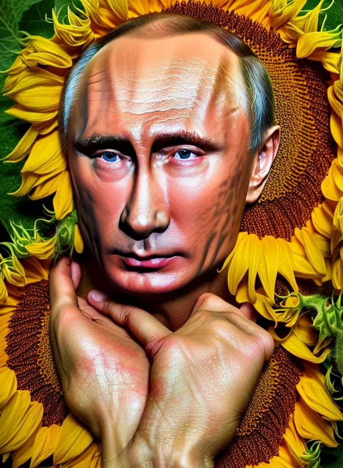 Image similar to photo portrait of Vladimir Putin - sunflowers - dressed in long elegant intricate ornamental sunflower dress, natural skin tone, highly detailed realistic flowers ornament in the upper side of breast, hair and wrinkles are intricate with highly detailed realistic flowers, elegant, Realistic, Refined, Highly Detailed, natural soft pastel lighting colors scheme, fine art photography by Cecil Beaton, volumetric lighting, hyper realistic photography