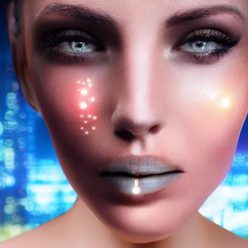 Image similar to close up on a woman\'s face with a log of cybernetic components. Futuristic city in the background. Very detailed. 55mm lens