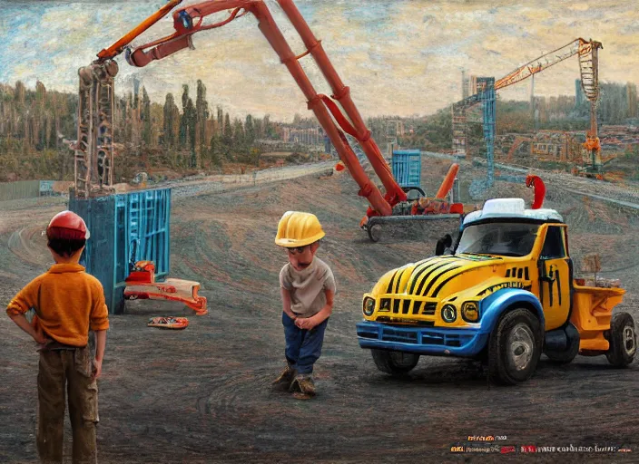 Image similar to a boy and his construction truck friends in a construction site in the style of pixars cars, in the style of jeremy enecio, intricate, miles johnston, monet, cynical realism, john william godward, painterly, yoshitaka amano, miles johnston, louise zhang, pekka halonen, finnish naturalism, realism