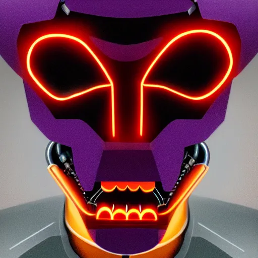 Image similar to portrait of a menacing evil villain robot, glowing dark red eyes, metal teeth, purple tubes, striking