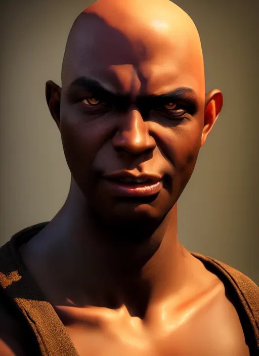 Image similar to An epic fantasy comic book style portrait painting of a young dark skinned thief with broad shoulders and a bald head in a vest, unreal 5, DAZ, hyperrealistic, octane render, cosplay, RPG portrait, dynamic lighting