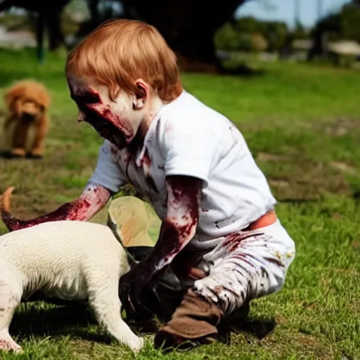 Image similar to a cute friendly zombie playing with a puppy