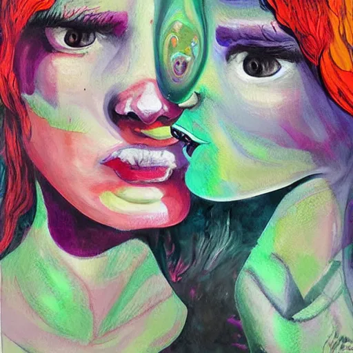 Prompt: expressive painting by francesca sundsten of two bizarre psychedelic femme creatures kissing each other closeup. they are growing out of an alien landscape. speculative evolution, exobiology