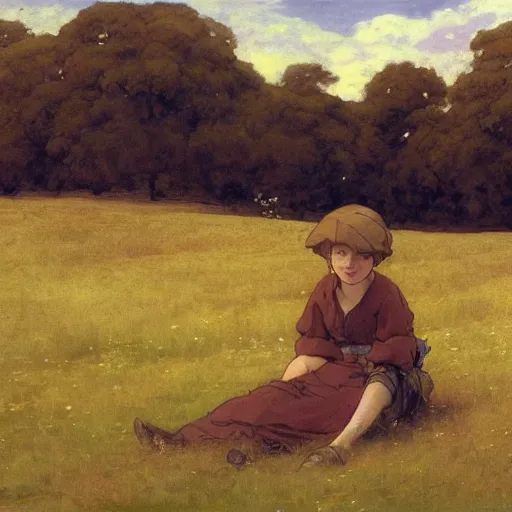 Image similar to a girl sitting in a meadow, art by walter langley, anime wallpaper, pixiv, walter langley style