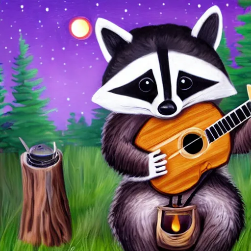Image similar to a photorealistic raccoon playing a wooden ukulele by a campfire, dark forest in the background