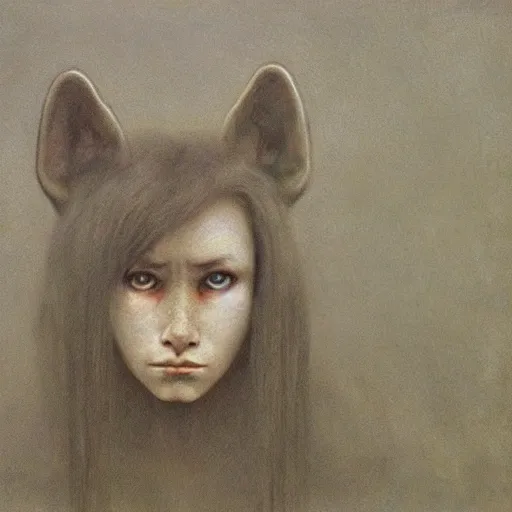 Image similar to portrait painting of 16 years old werewolf (girl), by Beksinski