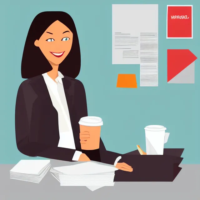 Prompt: smiling woman in business attire looks at her computer, coffee cup, papers piled on the desk, 6-color illustration, flat vector, sharp edges, simple, beautiful composition, isometric