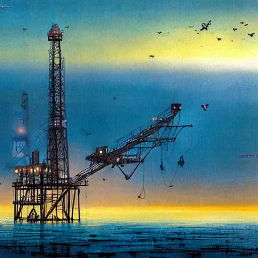 Prompt: a giant glowing butterfly perches on an oil platform in the misty morning, by moebius