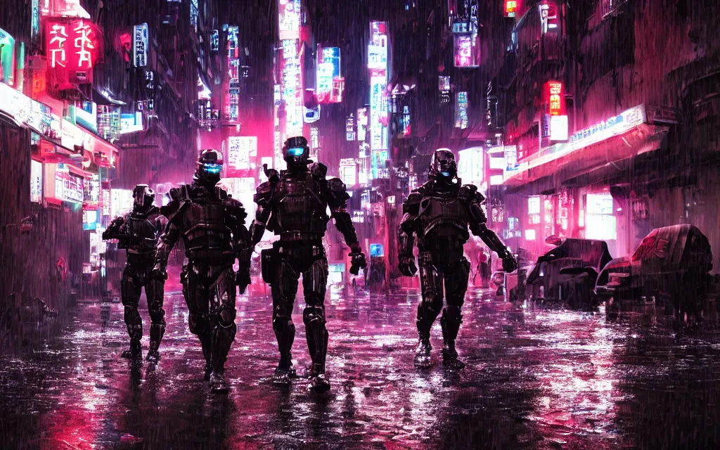 Prompt: film futuristic soldiers in tactical armor like SWAT robocop Elysium raid a neo tokyo apartment building in the rain at night. Red Neon Lights reflect in the puddles