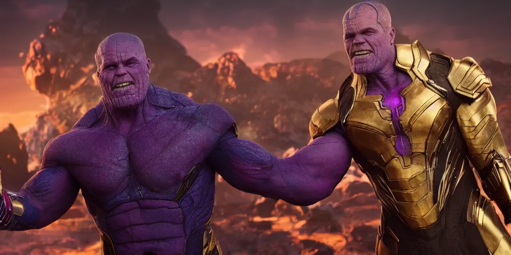 Image similar to a octane render jimmy donaldson in marvel shaking hands with thanos, by waya steurbaut entertainment, dark, intricate, highly detailed, smooth, artstation, high resolution film render 100k, photo realistic style, epic, colourful, close up shot, 3D