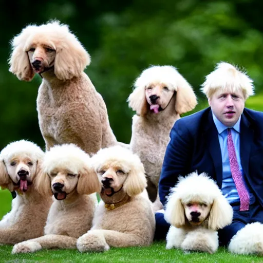 Prompt: Boris Johnson sitting with a group of poodles at a park.