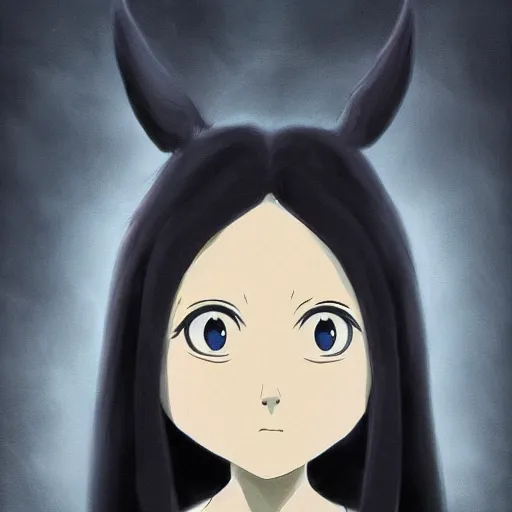 Image similar to black creature with big eyes in ghibli artstyle, high details, high quality, 4 k
