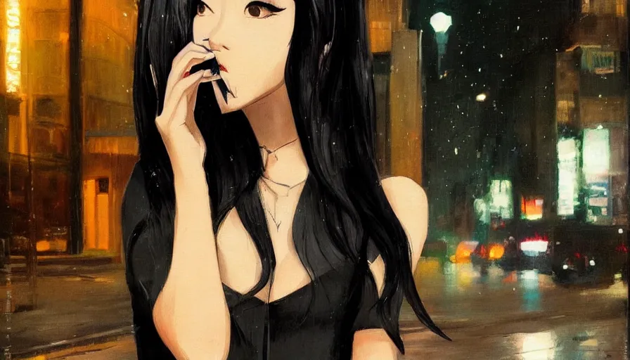 Image similar to a beautiful woman smoking, wearing a suit, street at night, asian, long black hair, hand - painted, guweiz style