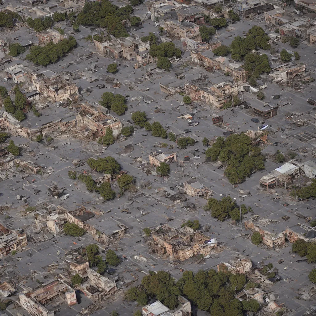 Prompt: top down aerial view of dilapidated city square in real life, desolate with zombies, dilapidated, zombies in the streets, nightmarish, some rusted style parked vehicles, sunny weather, few clouds, volumetric lighting, photorealistic, daytime, autumn, sharp focus, ultra detailed, cgsociety