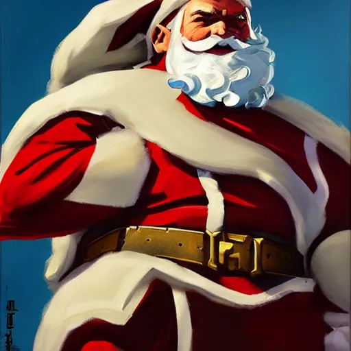 Image similar to greg manchess portrait painting of armored santa claus as overwatch character, medium shot, asymmetrical, profile picture, organic painting, sunny day, matte painting, bold shapes, hard edges, street art, trending on artstation, by huang guangjian and gil elvgren and sachin teng