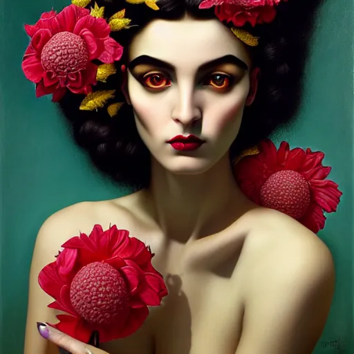 Image similar to dynamic composition, a painting of a woman with hair of flowers and raven plummage wearing ornate earrings, a surrealist painting by tom bagshaw and jacek yerga and tamara de lempicka and jesse king, featured on cgsociety, pop surrealism, surrealist, dramatic lighting, wiccan, pre - raphaelite, ornate gilded details