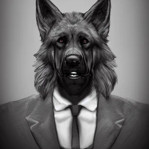 Image similar to a humanoid german shepherd beast - man, wearing suit, highly detailed portrait, digital painting, artstation, concept art, smooth, sharp foccus ilustration, artstation