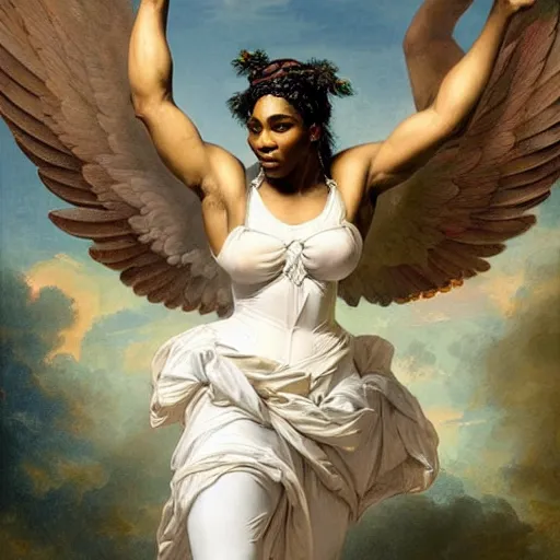 Image similar to Portrait of Serena Williams with wings as Nike Goddess standing proud, large wings, luxuriant, dreamy, eternity, romantic, strong pose, highly detailed, in the style of Franz Xaver Winterhalter, highly detailed, in the style of Aetherpunk