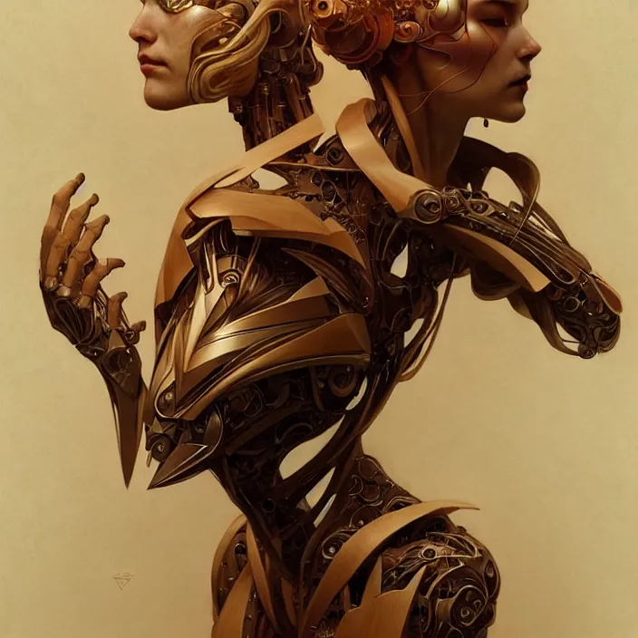 Image similar to organic cyborg, japanese wood carving, diffuse lighting, fantasy, elegant, lifelike, photorealistic, digital painting, artstation, illustration, concept art, smooth, sharp focus, art by John Collier and Albert Aublet and Krenz Cushart and Artem Demura and Alphonse Mucha