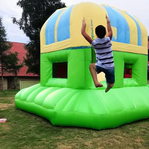 Prompt: photo of a 1 2 foot high big foot on a jumping castle with scared children