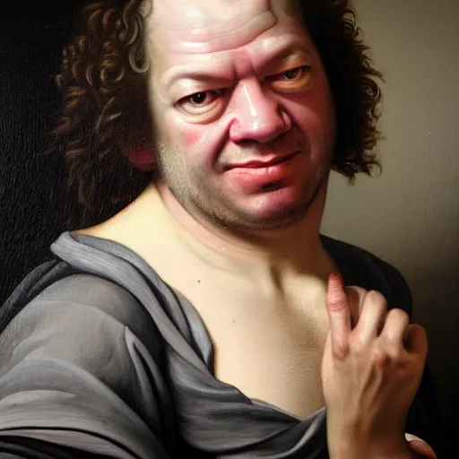 Image similar to A 17th century Baroque Painting of Dean Ween, grainy, realistic, hyperrealistic, very realistic, very very realistic, highly detailed, very detailed, extremely detailed, detailed, digital art, trending on artstation, detailed face, very detailed face, very detailed face, realism, HD Quality, 8k resolution, intricate details, body and head in frame, painting, oil painting, trending on deviantart, Baroque Painting