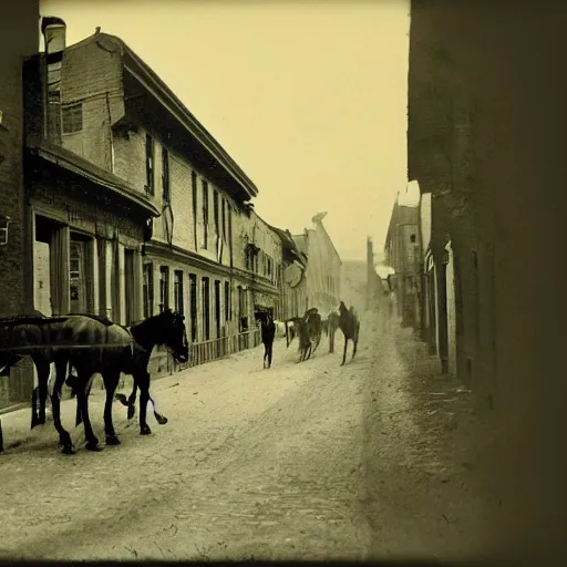 Image similar to grainy 1800s photo of a city street with robotic horses