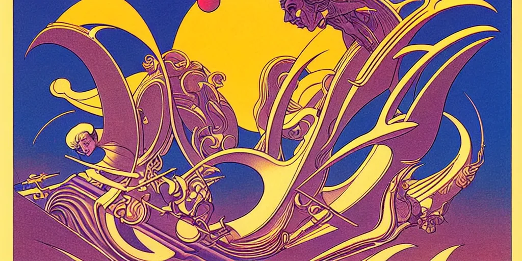 Image similar to ♈ ☀️ 👩🏽‍🦱✨👼🏽; retro vintage art, symmetrical,2d matte illustration, Stanisław Szukalski + Moebius,