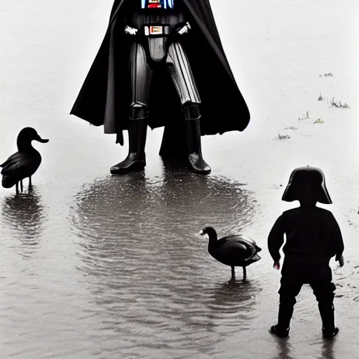 Prompt: darth vader feeding ducks