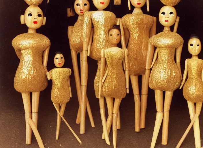 Image similar to realistic photo of the wooden brushwood dolls, eyes gold shining sparkles, body shape of business suit 1 9 9 0, life magazine reportage photo