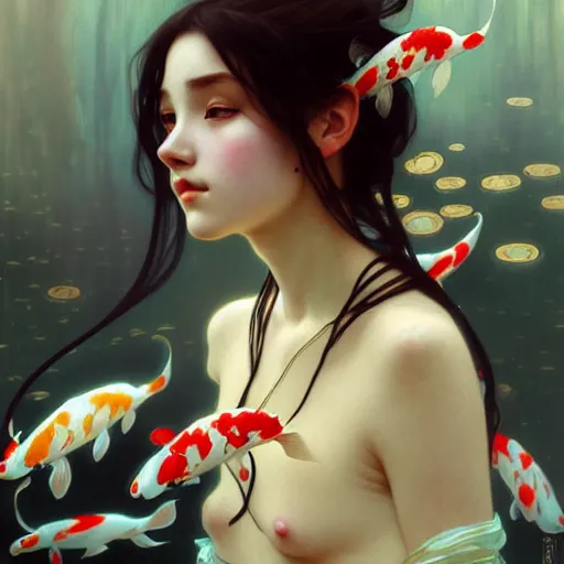 Image similar to Portrait of a girl surrounded by Koi fish, face, fantasy, intricate, elegant, highly detailed, digital painting, artstation, concept art, smooth, sharp focus, illustration, art by Krenz Cushart and Artem Demura and alphonse mucha