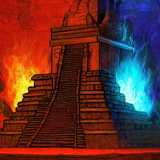 Prompt: Interior of the fire mayan god temple, mayan gothic design, doom, fire, flaming shrine, in the graphic style of and Patrick Gleason, hig key lighting, detailed art, trending on Artstation, sharp focus, comic art