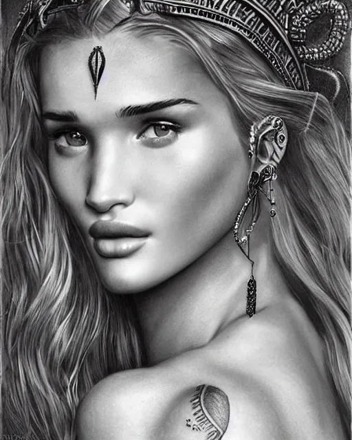 Image similar to realism tattoo sketch of rosie huntington - whiteley as a beautiful greek goddess aphrodite with piercing eyes wearing a laurel wreath and triangle earrings, in the style of greg rutkowski, amazing detail