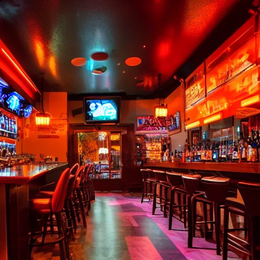 Image similar to a full shot of a bar with orange lighting, nighttime