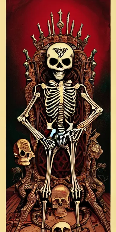 Prompt: a painting of a skeleton sitting on a throne, poster art by Petros Afshar, James Jean, Joe Fenton, Lise Deharme, Anne Stokes, Brian Despain behance contest winner, gothic art, tarot card, apocalypse art, behance hd, macabre poster art, gothic art